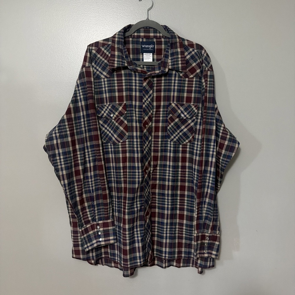 Wrangler Shirt Mens 3XLT Red Plaid Long Sleeve Western Pearl Snap Pockets Rodeo